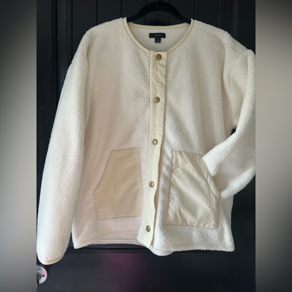 J. Crew White/Tan Teddy Jacket, size L